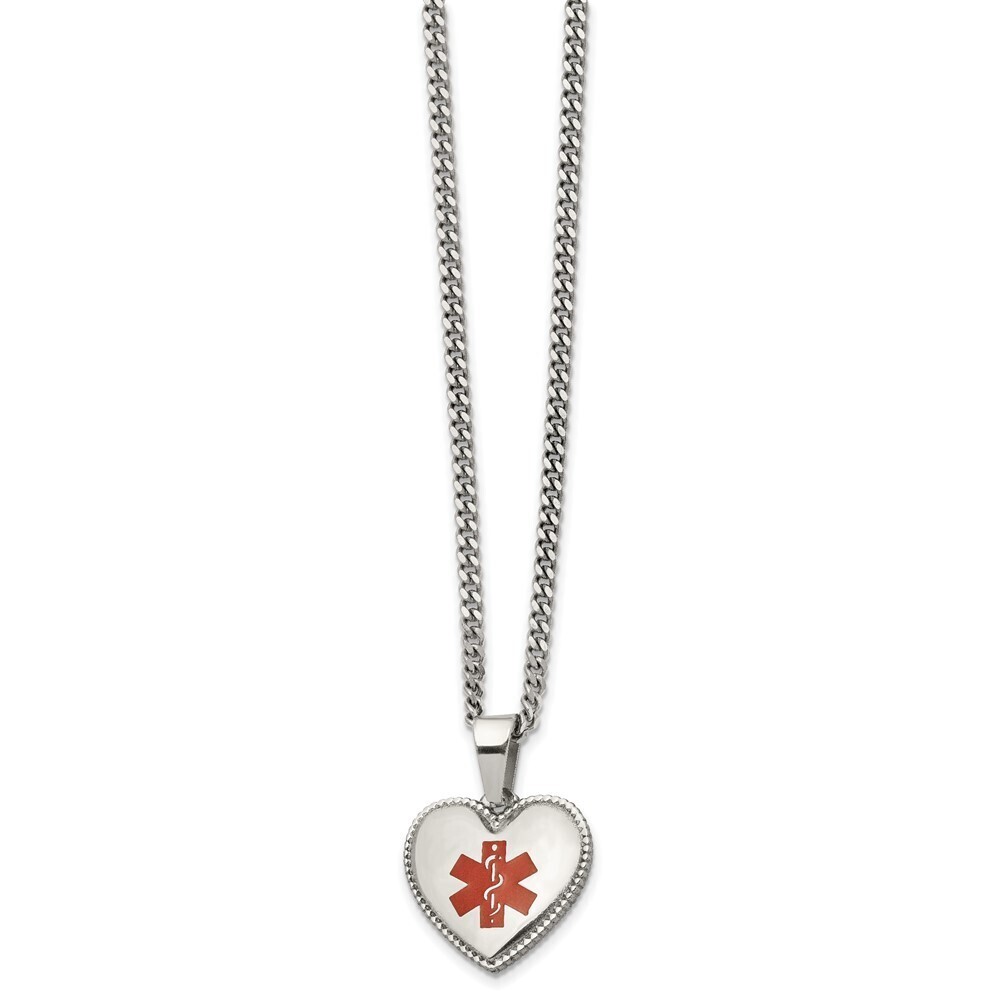Stainless Steel Polished W/red Enamel Heart Medical Id 20in Necklace